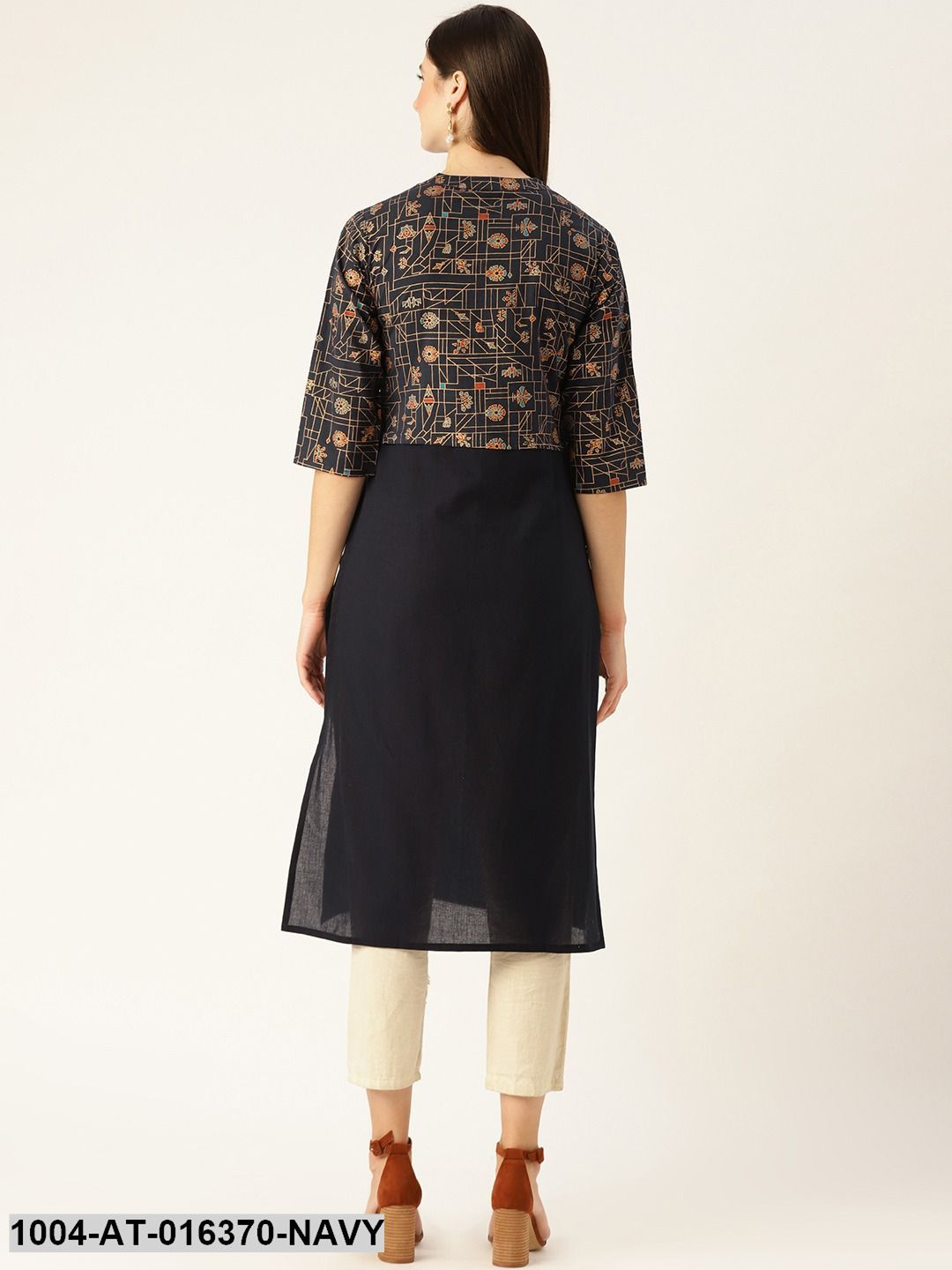 Navy Three-Quarter Sleeves Straight Solid Printed Cotton Kurta