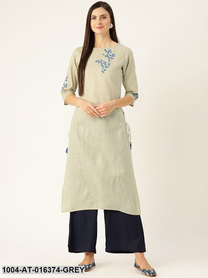 Grey Three-Quarter Sleeves Straight Woven Design Embroidered Cotton Kurta