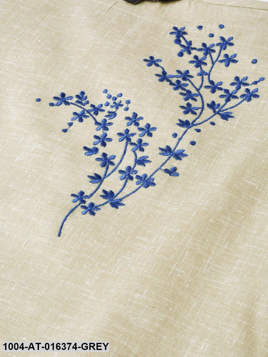 Grey Three-Quarter Sleeves Straight Woven Design Embroidered Cotton Kurta