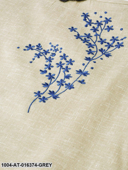 Grey Three-Quarter Sleeves Straight Woven Design Embroidered Cotton Kurta