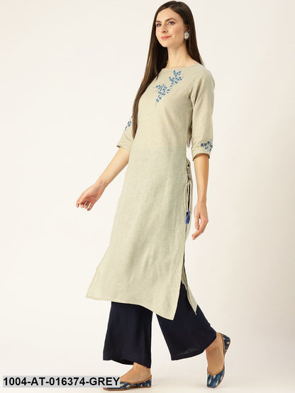 Grey Three-Quarter Sleeves Straight Woven Design Embroidered Cotton Kurta