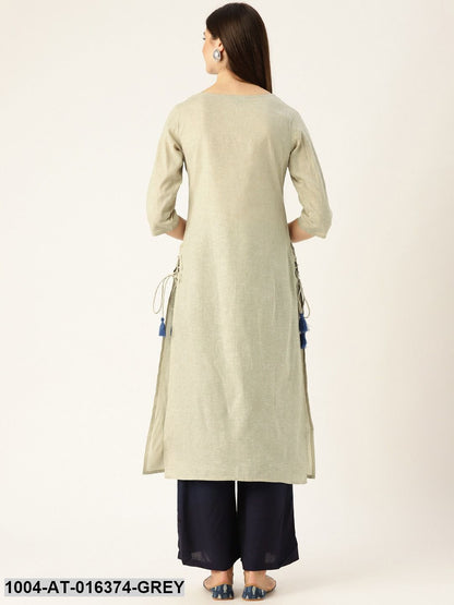 Grey Three-Quarter Sleeves Straight Woven Design Embroidered Cotton Kurta