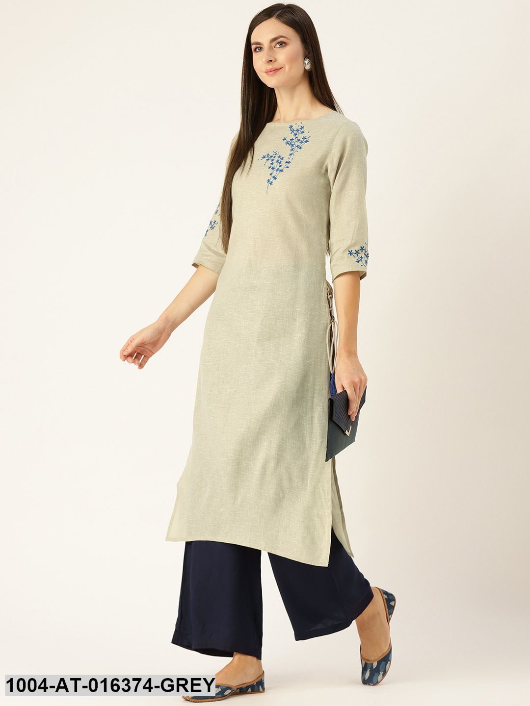 Grey Three-Quarter Sleeves Straight Woven Design Embroidered Cotton Kurta
