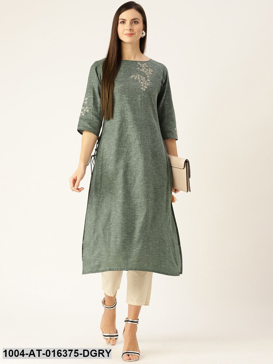 Dark Grey Three-Quarter Sleeves Straight Woven Design Embroidered Cotton Kurta