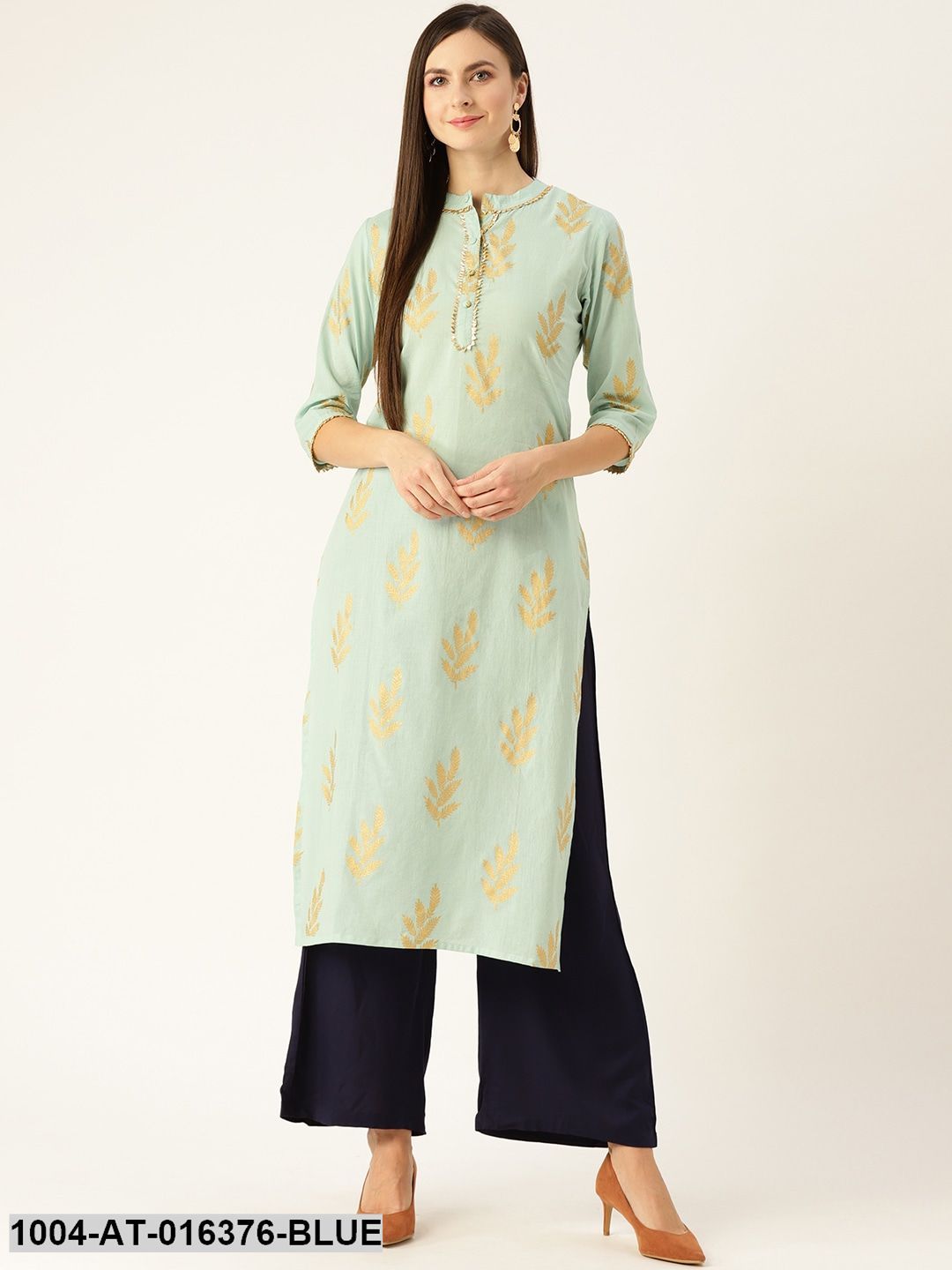 Blue Three-Quarter Sleeves A-Line Ethnic Motifs Yoke Design Cotton Kurta
