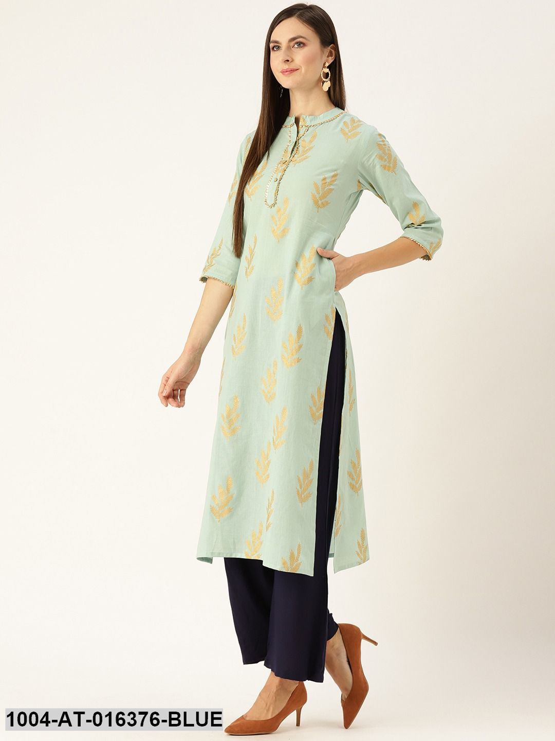Blue Three-Quarter Sleeves A-Line Ethnic Motifs Yoke Design Cotton Kurta