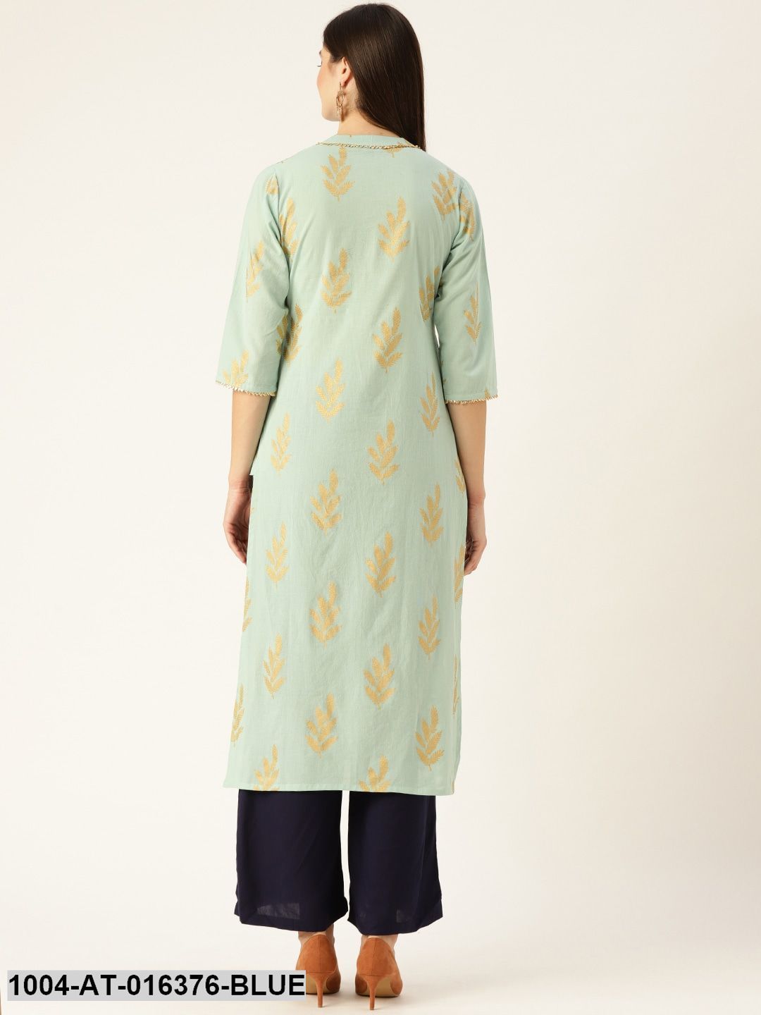 Blue Three-Quarter Sleeves A-Line Ethnic Motifs Yoke Design Cotton Kurta