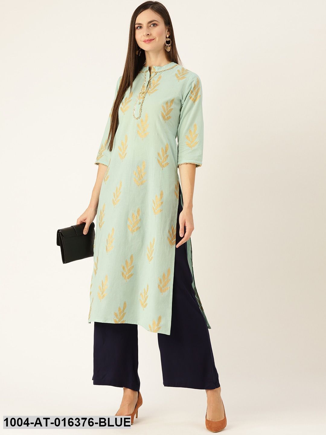 Blue Three-Quarter Sleeves A-Line Ethnic Motifs Yoke Design Cotton Kurta