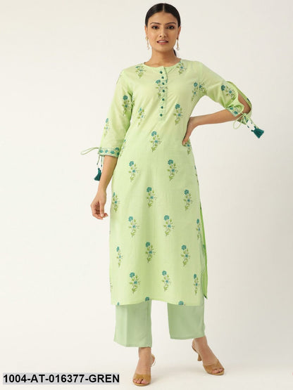 Pista Green Three-Quarter Sleeves Straight Floral Printed Cotton Kurta