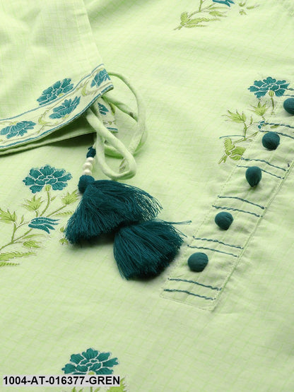 Pista Green Three-Quarter Sleeves Straight Floral Printed Cotton Kurta
