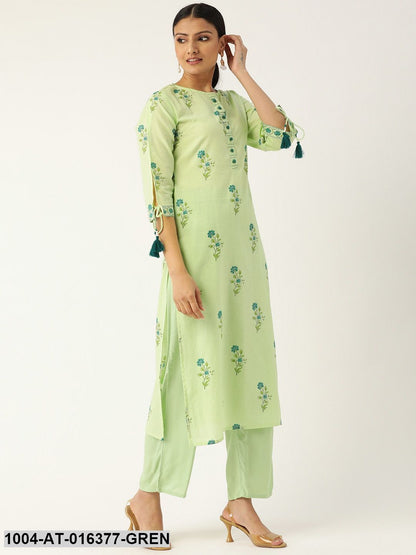 Pista Green Three-Quarter Sleeves Straight Floral Printed Cotton Kurta