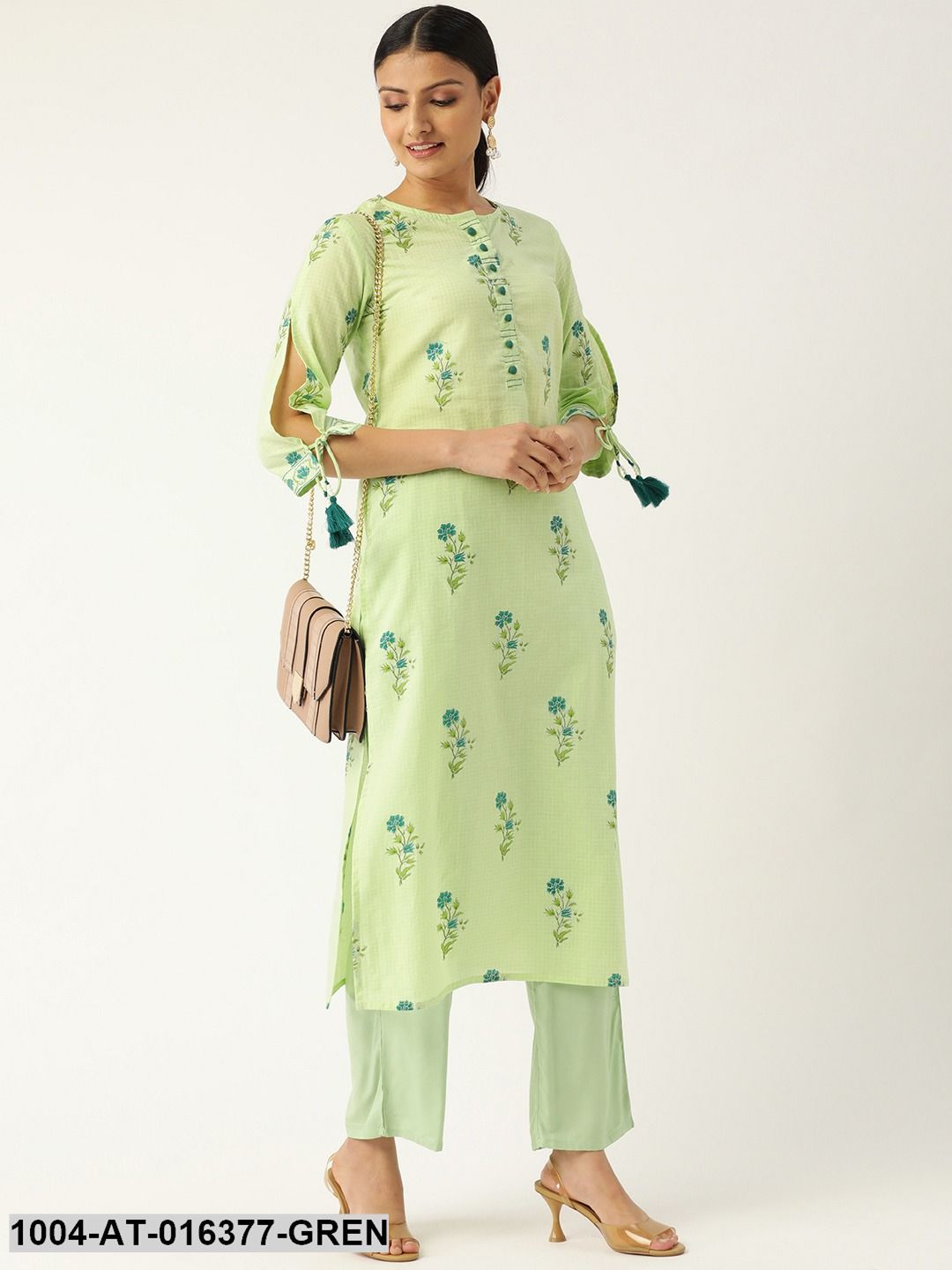 Pista Green Three-Quarter Sleeves Straight Floral Printed Cotton Kurta
