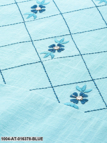 Blue Three-Quarter Sleeves Straight Solid Embroidered Cotton Kurta