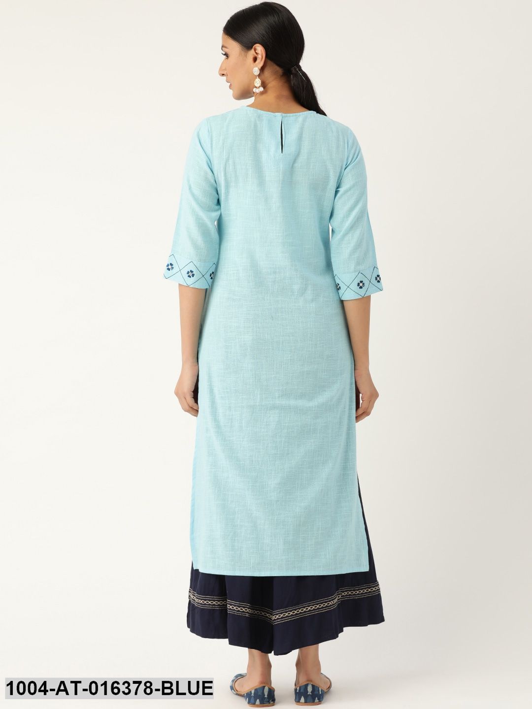 Blue Three-Quarter Sleeves Straight Solid Embroidered Cotton Kurta