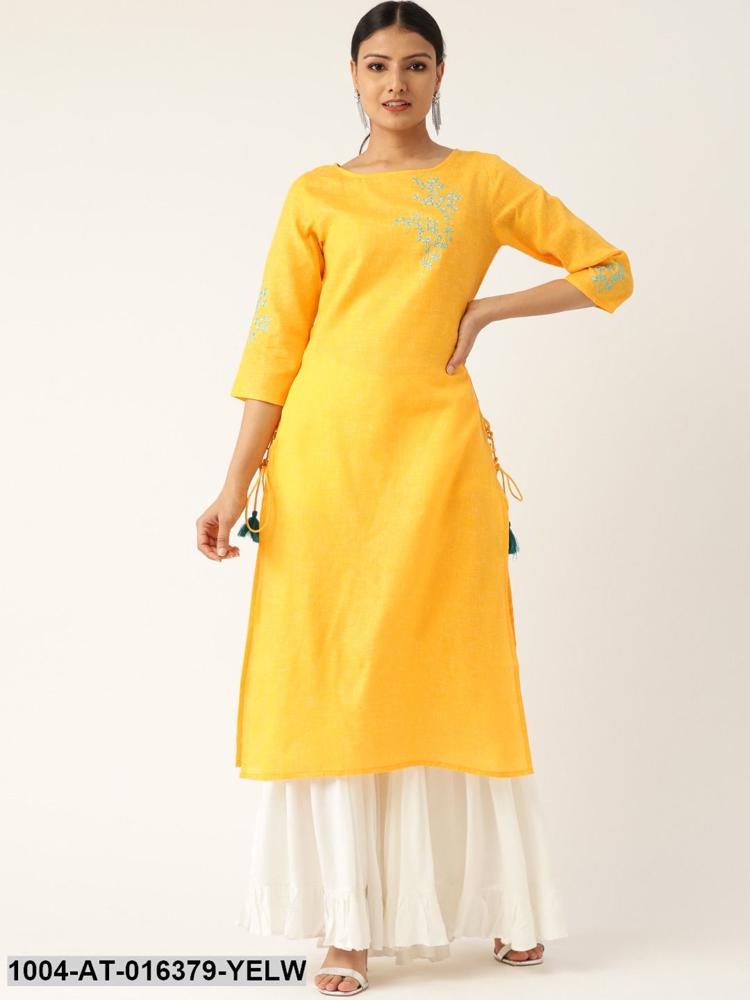 Yellow Three-Quarter Sleeves Straight Solid Embroidered Cotton Kurta