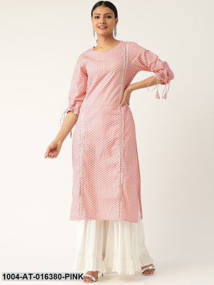 Baby Pink Three-Quarter Sleeves Straight Floral Printed Cotton Kurta