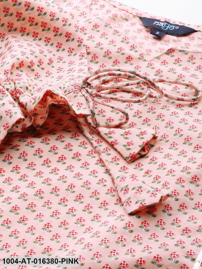 Baby Pink Three-Quarter Sleeves Straight Floral Printed Cotton Kurta