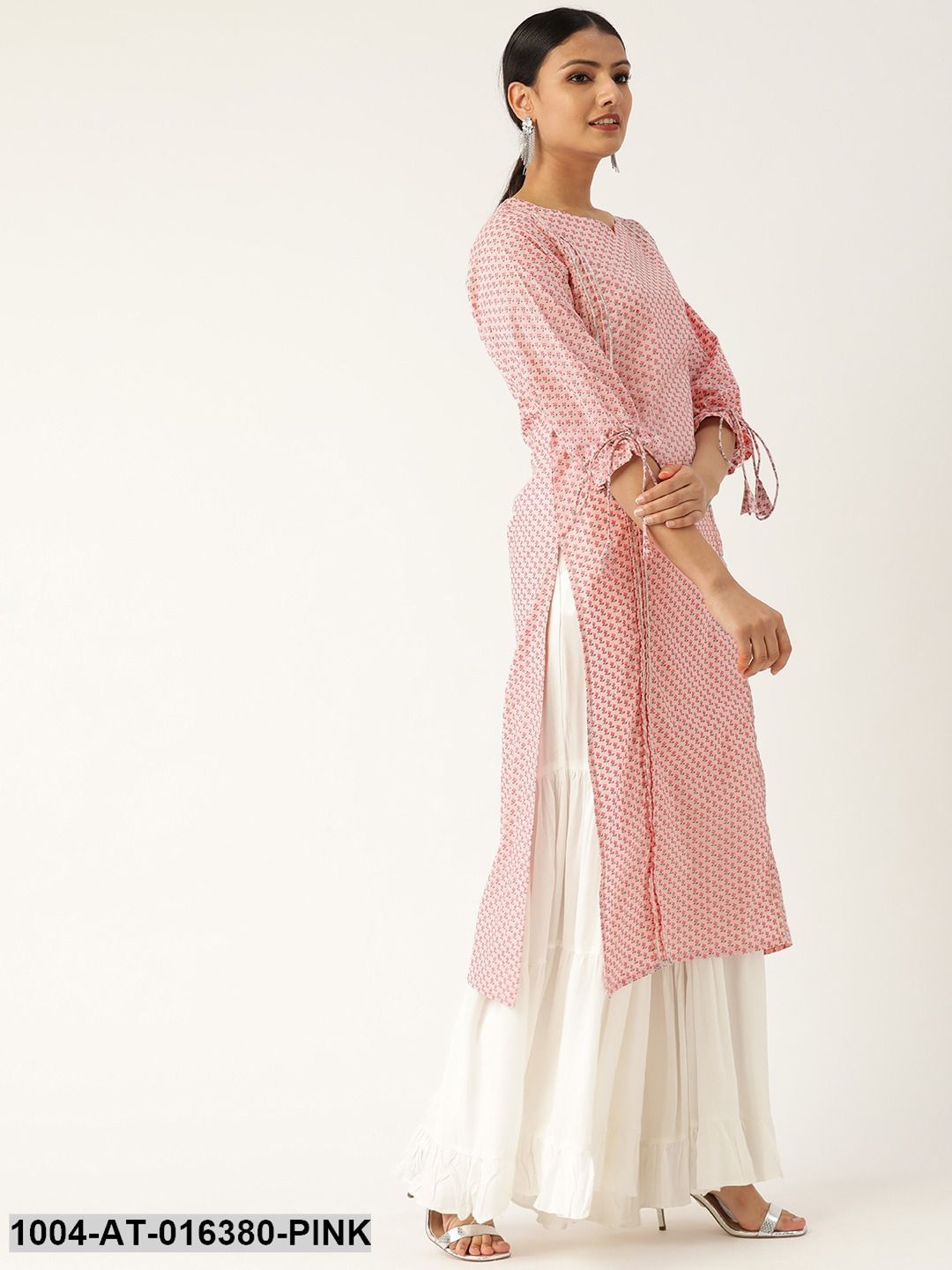Baby Pink Three-Quarter Sleeves Straight Floral Printed Cotton Kurta