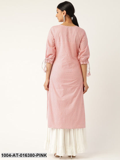 Baby Pink Three-Quarter Sleeves Straight Floral Printed Cotton Kurta