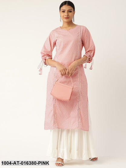 Baby Pink Three-Quarter Sleeves Straight Floral Printed Cotton Kurta