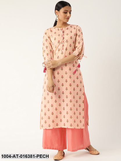 Peach Three-Quarter Sleeves Straight Floral Printed Cotton Kurta