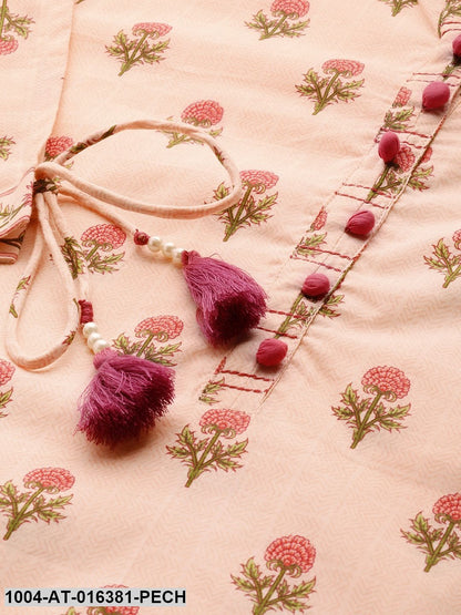 Peach Three-Quarter Sleeves Straight Floral Printed Cotton Kurta