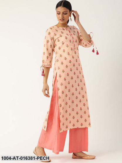 Peach Three-Quarter Sleeves Straight Floral Printed Cotton Kurta