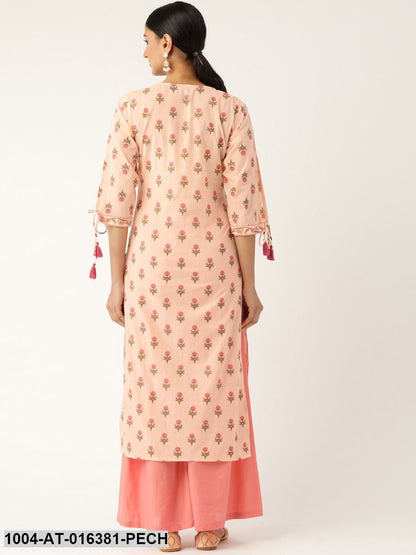 Peach Three-Quarter Sleeves Straight Floral Printed Cotton Kurta