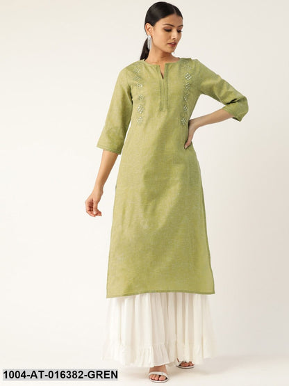Green Three-Quarter Sleeves Straight Solid Embroidered Cotton Kurta