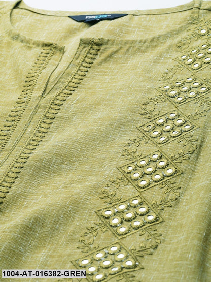 Green Three-Quarter Sleeves Straight Solid Embroidered Cotton Kurta