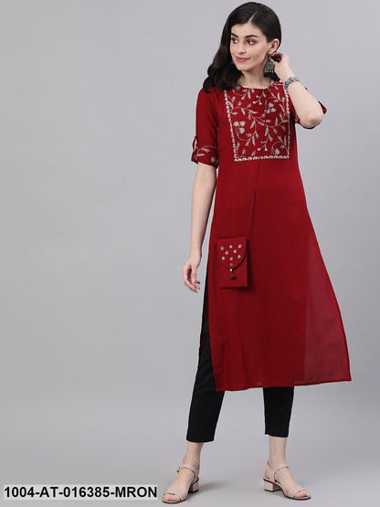 Maroon Three-Quarter Sleeves Straight Woven Design Printed Viscose Rayon Kurta