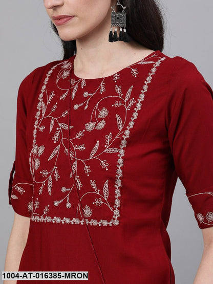 Maroon Three-Quarter Sleeves Straight Woven Design Printed Viscose Rayon Kurta