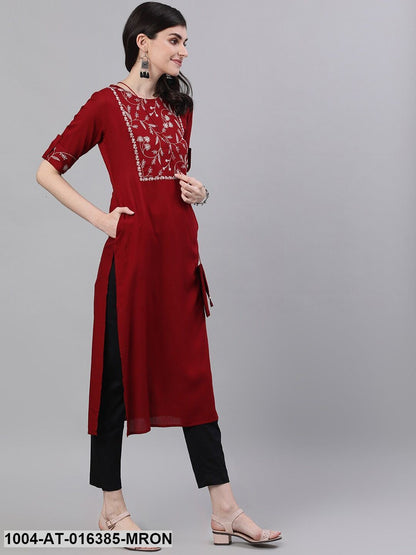 Maroon Three-Quarter Sleeves Straight Woven Design Printed Viscose Rayon Kurta