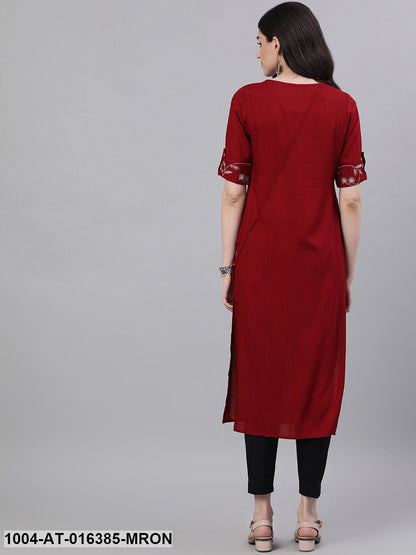 Maroon Three-Quarter Sleeves Straight Woven Design Printed Viscose Rayon Kurta