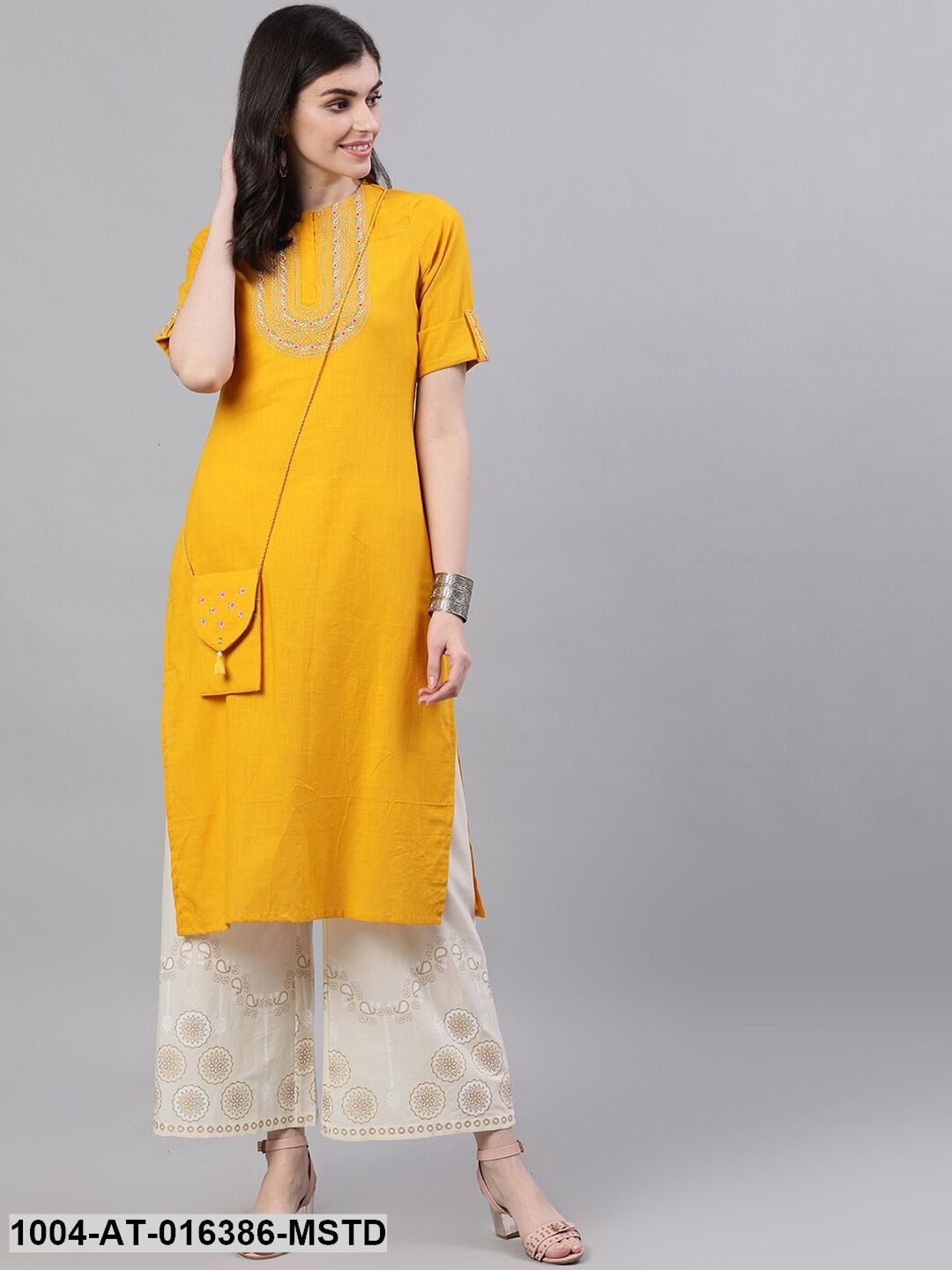 Mustard Three-Quarter Sleeves Straight Woven Design Solid Cotton Kurta