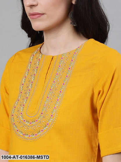 Mustard Three-Quarter Sleeves Straight Woven Design Solid Cotton Kurta