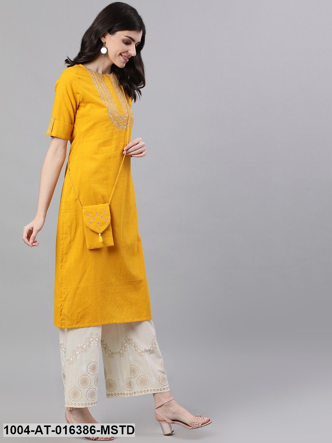 Mustard Three-Quarter Sleeves Straight Woven Design Solid Cotton Kurta