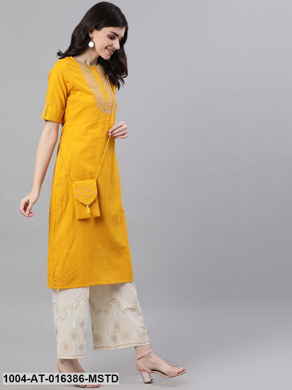 Mustard Three-Quarter Sleeves Straight Woven Design Solid Cotton Kurta