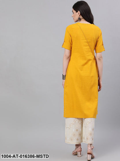Mustard Three-Quarter Sleeves Straight Woven Design Solid Cotton Kurta