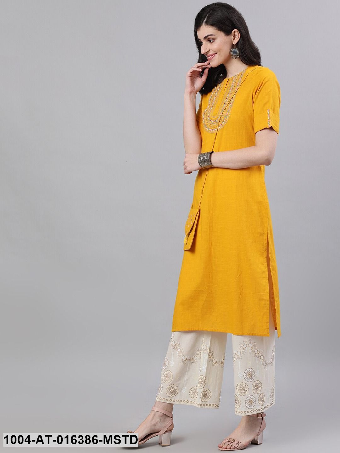Mustard Three-Quarter Sleeves Straight Woven Design Solid Cotton Kurta
