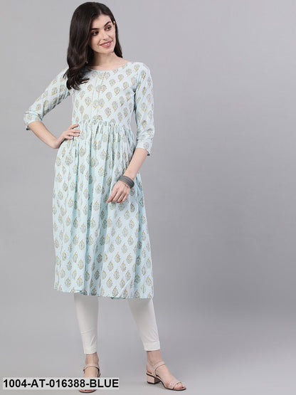 Powder Blue Three-Quarter Sleeves A-Line Ethnic Motifs Printed Cotton Kurta