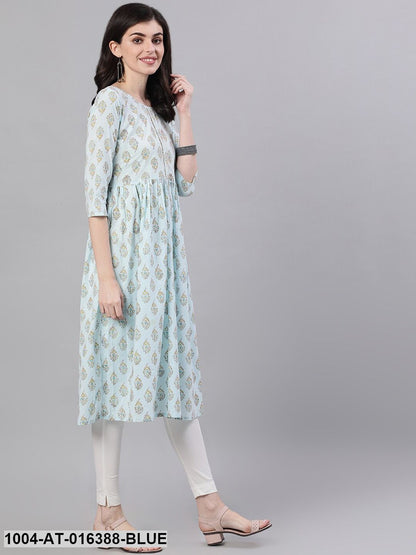 Powder Blue Three-Quarter Sleeves A-Line Ethnic Motifs Printed Cotton Kurta