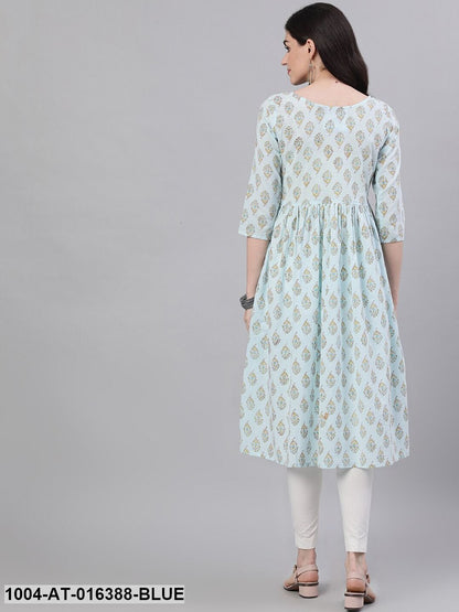 Powder Blue Three-Quarter Sleeves A-Line Ethnic Motifs Printed Cotton Kurta