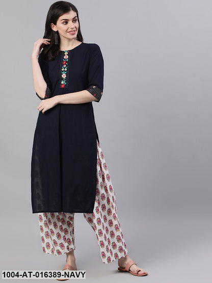 Navy Blue Three-Quarter Sleeves A-Line Solid Embroidered Cotton Kurta