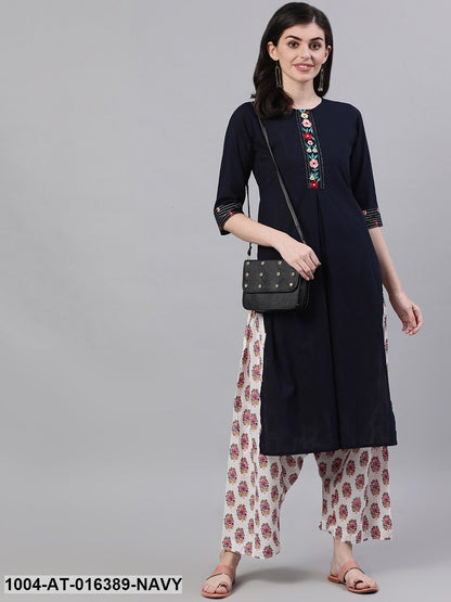 Navy Blue Three-Quarter Sleeves A-Line Solid Embroidered Cotton Kurta