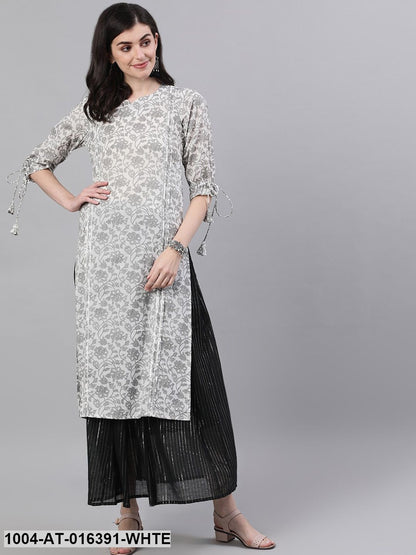 White Three-Quarter Sleeves Straight Floral Printed Cotton Kurta