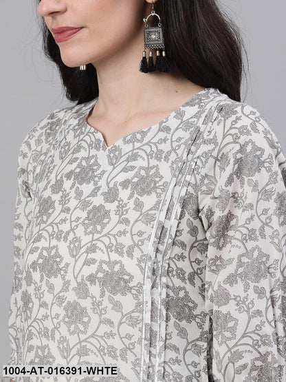 White Three-Quarter Sleeves Straight Floral Printed Cotton Kurta
