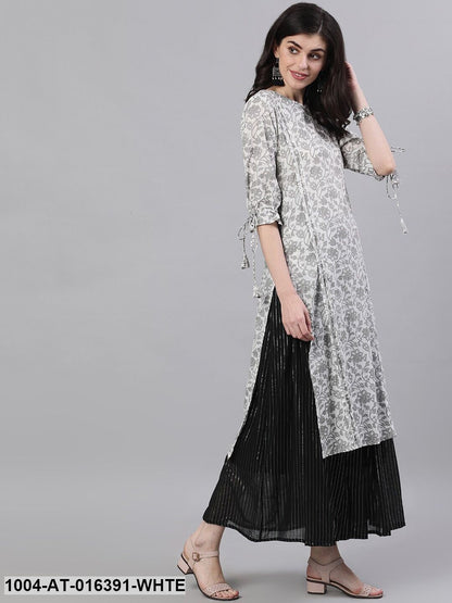 White Three-Quarter Sleeves Straight Floral Printed Cotton Kurta