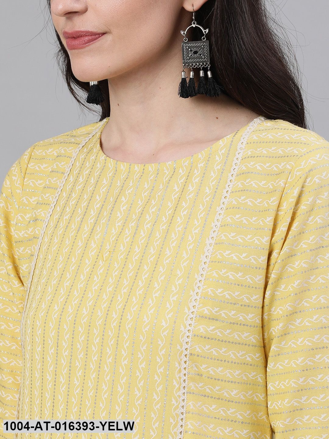 Lime Yellow Three-Quarter Sleeves Straight Striped Striped Cotton Kurta