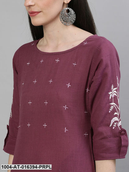 Purple Three-Quarter Sleeves Straight Solid Solid Cotton Kurta